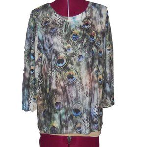 NWT Chico's 1 Peacock Festival 3/4 Sleeve Top Sparkly Fits M